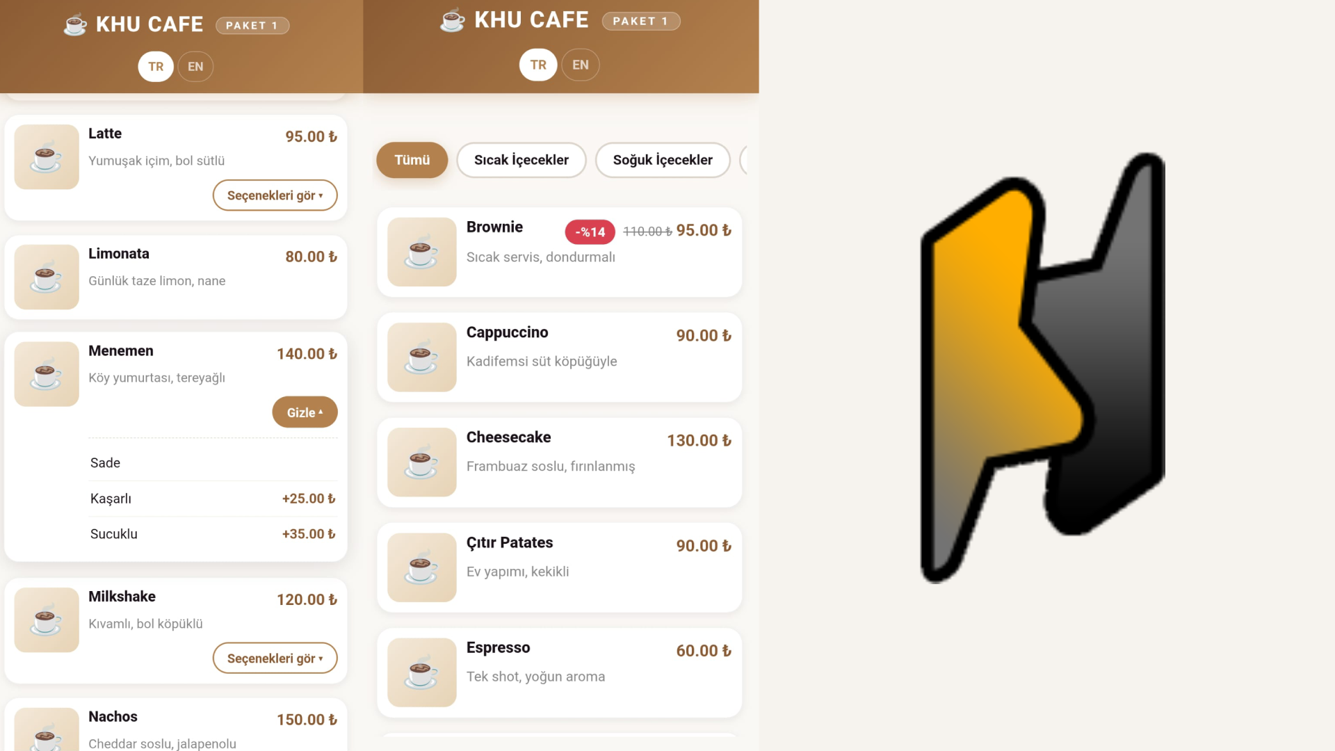 KHUCAFE Paket1 sade QR menü sistemi ekran görüntüsü